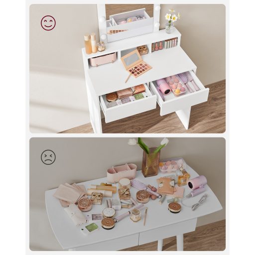 VASAGLE RDT114W01 Fésülködőasztal Tükörrel és Izzókkal, Kozmetikai Asztal 2 Fiókkal és 3