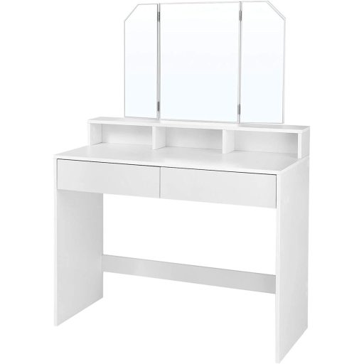 VASAGLE Öltözőasztal háromrészes tükörrel, sminkasztal 2 fiókkal és 3 nyitott rekesszel,