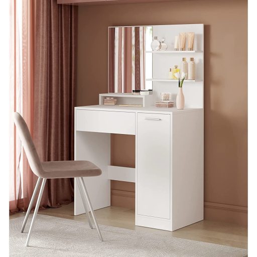 VASAGLE Fésülködőasztal, Sminkasztal, Fésülködőasztal Tükörrel, 1 Fiók, 2 Polc,