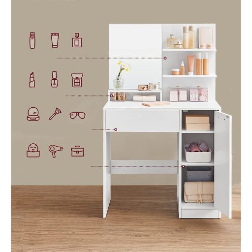 VASAGLE Fésülködőasztal, Sminkasztal, Fésülködőasztal Tükörrel, 1 Fiók, 2 Polc,