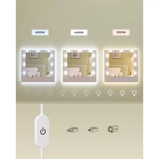 Fésülködőasztal LED világítással, tük9rrel beépített elosztóval, felhő fehér