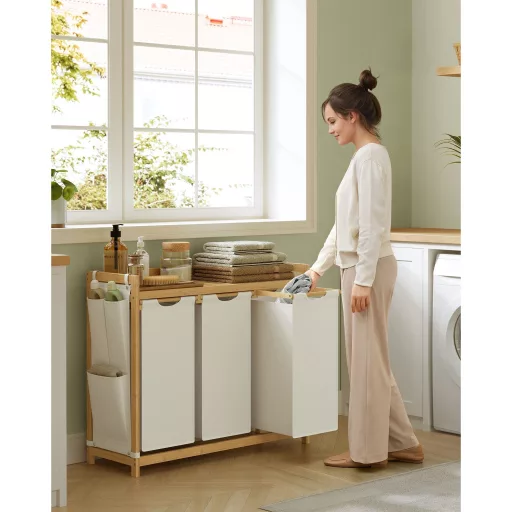 Bambusz szennyeskosár 3 rekesszel, 3x50 L