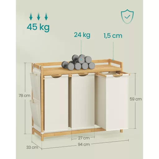 Bambusz szennyeskosár 3 rekesszel, 3x50 L