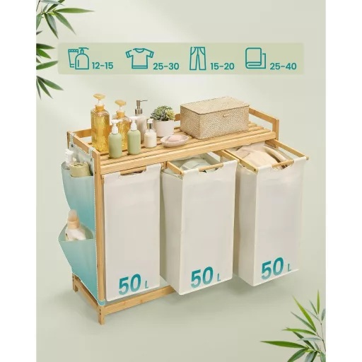 Bambusz szennyeskosár 3 rekesszel, 3x50 L