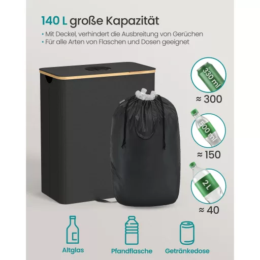 Palackgyűjtő, szelektív hulladékgyűjtő, 140 l, fedeles, bambuszszegéllyel, fekete