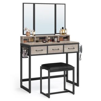 VASAGLE RVT004B02 Fésülködőasztal párnázott székkel, háromrészes tükörrel, 3 fiókkal,