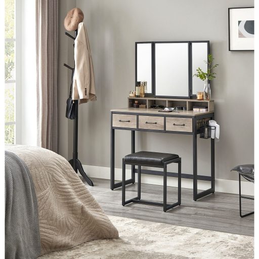 VASAGLE RVT004B02 Fésülködőasztal párnázott székkel, háromrészes tükörrel, 3 fiókkal,