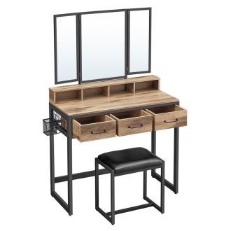 VASAGLE Fésülködőasztal Párnázott Zsámollyal, Fésülködőasztal Hármas Tükörrel, 3