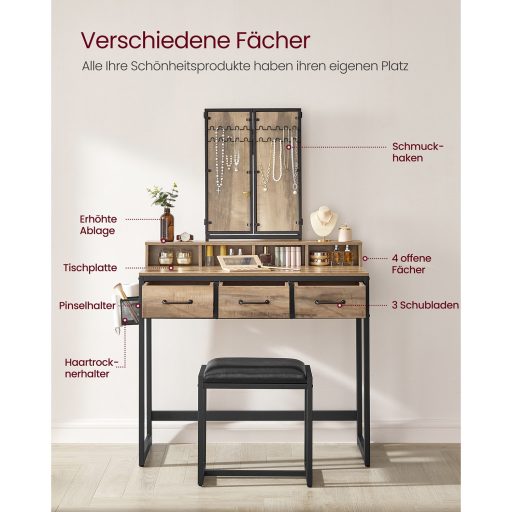 VASAGLE Fésülködőasztal Párnázott Zsámollyal, Fésülködőasztal Hármas Tükörrel, 3