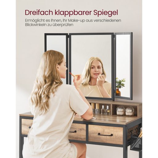 VASAGLE Fésülködőasztal Párnázott Zsámollyal, Fésülködőasztal Hármas Tükörrel, 3