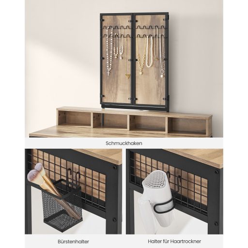 VASAGLE Fésülködőasztal Párnázott Zsámollyal, Fésülködőasztal Hármas Tükörrel, 3