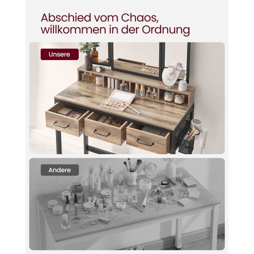 VASAGLE Fésülködőasztal Párnázott Zsámollyal, Fésülködőasztal Hármas Tükörrel, 3