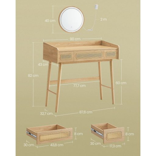 SONGMICS HOME BOHOVEN kollekciós fésülködőasztal tükörrel és világítással, 3 fiókos,
